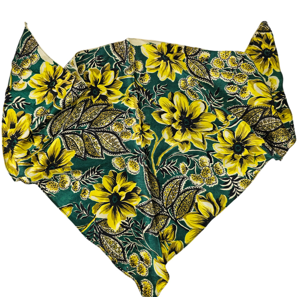 Vintage triangular green brown yellow floral head or neck scarf babushka